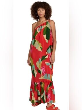 FARM Rio Tropical Red Multicolor Heliconia One Shoulder Flowy Maxi Dress XL